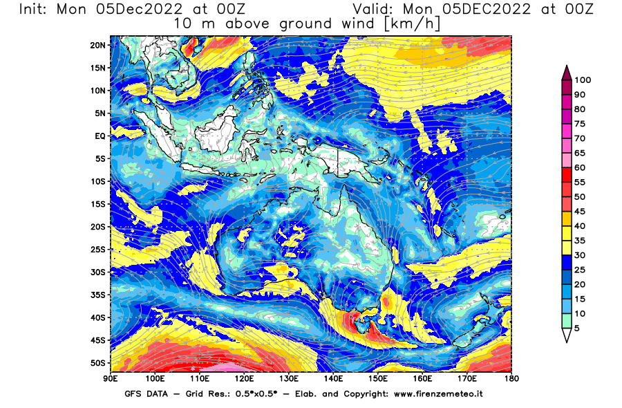 Mappa di analisi GFS - Velocità del vento a 10 metri dal suolo [km/h] in Oceania
							del 05/12/2022 00 <!--googleoff: index-->UTC<!--googleon: index-->
