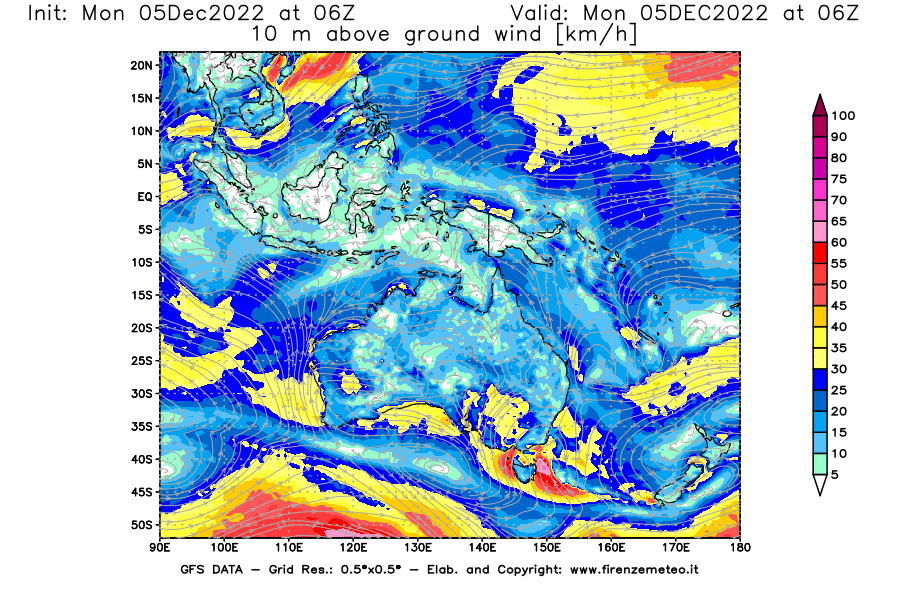 Mappa di analisi GFS - Velocità del vento a 10 metri dal suolo [km/h] in Oceania
							del 05/12/2022 06 <!--googleoff: index-->UTC<!--googleon: index-->