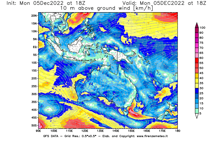 Mappa di analisi GFS - Velocità del vento a 10 metri dal suolo [km/h] in Oceania
							del 05/12/2022 18 <!--googleoff: index-->UTC<!--googleon: index-->