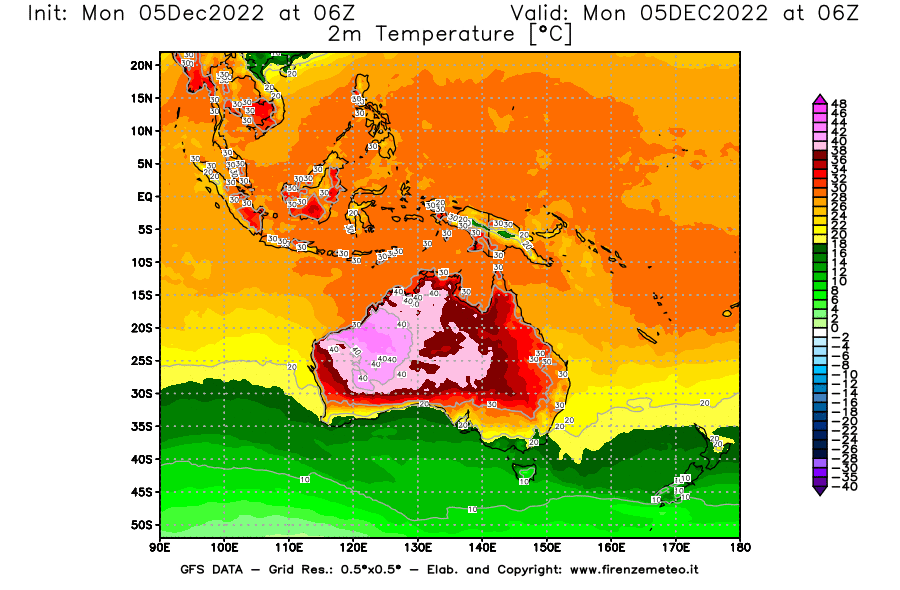 Mappa di analisi GFS - Temperatura a 2 metri dal suolo [°C] in Oceania
							del 05/12/2022 06 <!--googleoff: index-->UTC<!--googleon: index-->