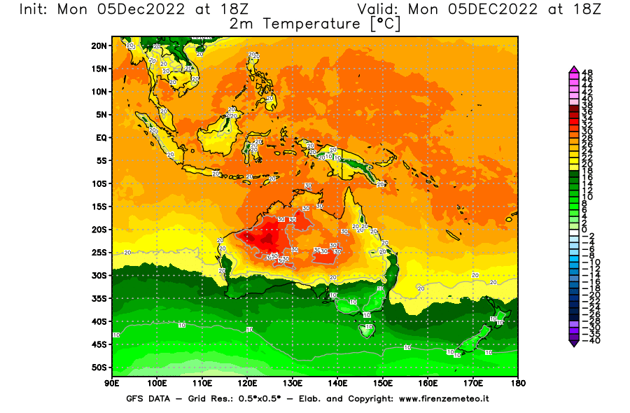 Mappa di analisi GFS - Temperatura a 2 metri dal suolo [°C] in Oceania
							del 05/12/2022 18 <!--googleoff: index-->UTC<!--googleon: index-->