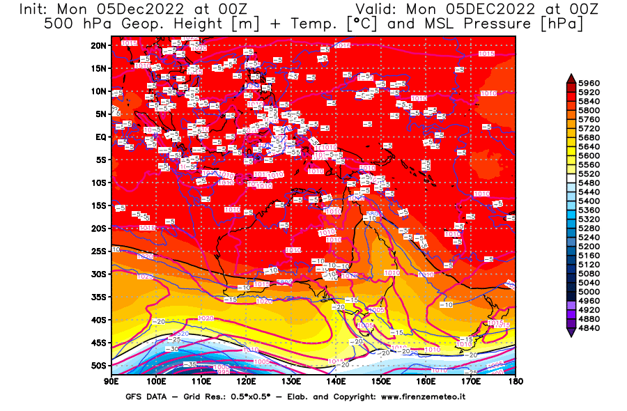 Mappa di analisi GFS - Geopotenziale [m] + Temp. [°C] a 500 hPa + Press. a livello del mare [hPa] in Oceania
							del 05/12/2022 00 <!--googleoff: index-->UTC<!--googleon: index-->