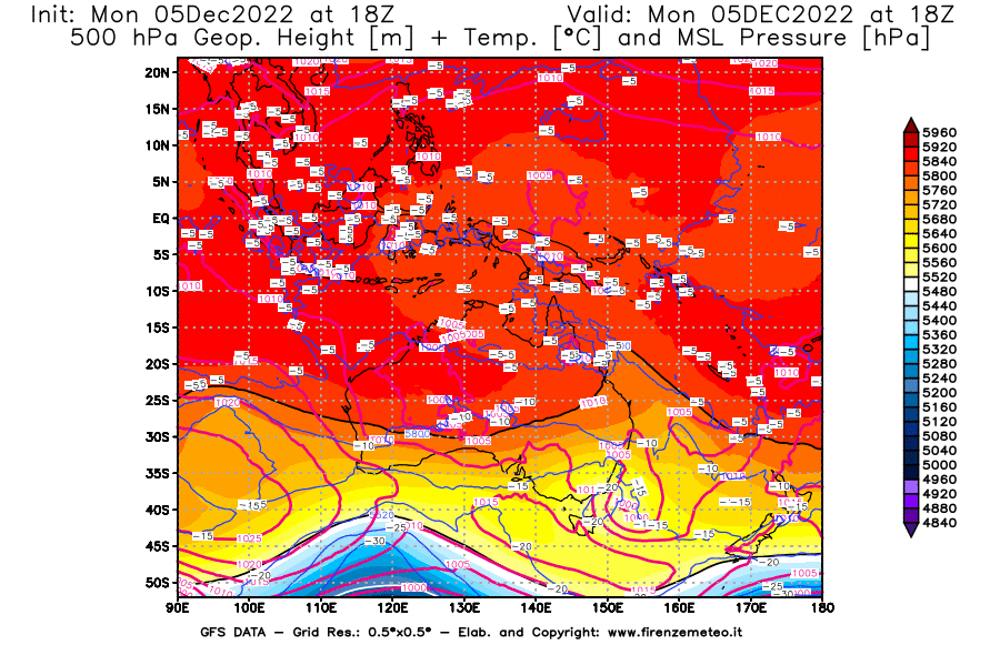 Mappa di analisi GFS - Geopotenziale [m] + Temp. [°C] a 500 hPa + Press. a livello del mare [hPa] in Oceania
							del 05/12/2022 18 <!--googleoff: index-->UTC<!--googleon: index-->