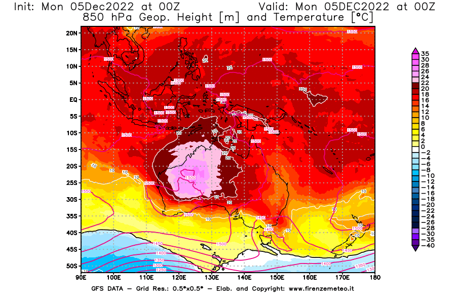Mappa di analisi GFS - Geopotenziale [m] e Temperatura [°C] a 850 hPa in Oceania
							del 05/12/2022 00 <!--googleoff: index-->UTC<!--googleon: index-->