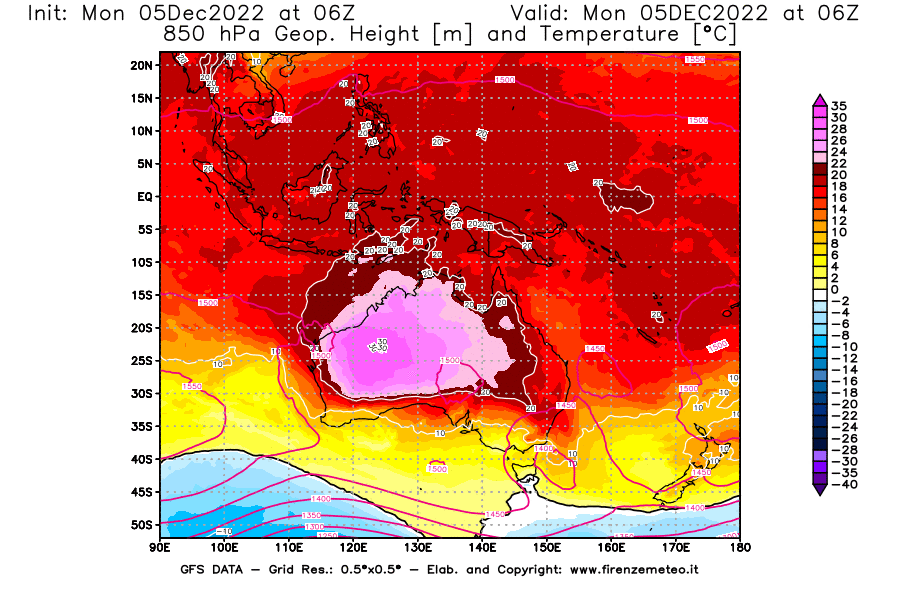 Mappa di analisi GFS - Geopotenziale [m] e Temperatura [°C] a 850 hPa in Oceania
							del 05/12/2022 06 <!--googleoff: index-->UTC<!--googleon: index-->