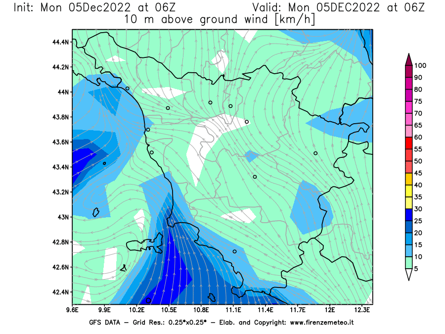 Mappa di analisi GFS - Velocità del vento a 10 metri dal suolo [km/h] in Toscana
							del 05/12/2022 06 <!--googleoff: index-->UTC<!--googleon: index-->
