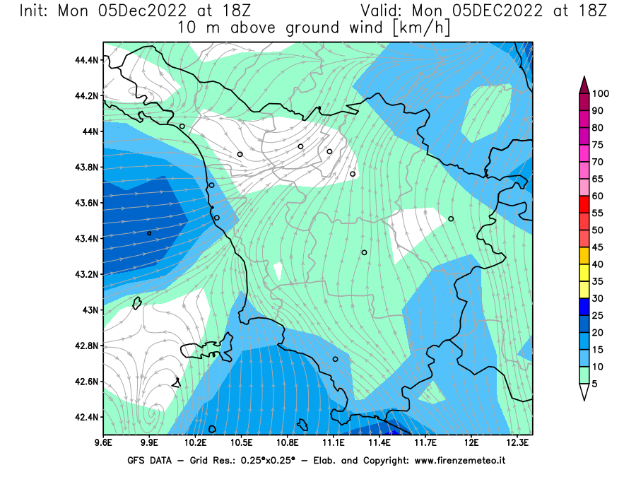 Mappa di analisi GFS - Velocità del vento a 10 metri dal suolo [km/h] in Toscana
							del 05/12/2022 18 <!--googleoff: index-->UTC<!--googleon: index-->