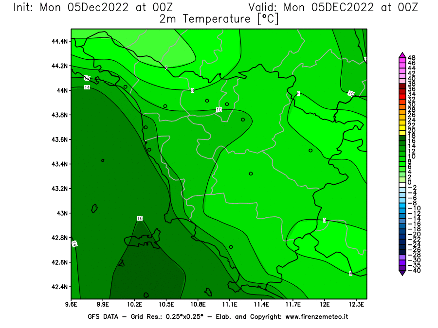 Mappa di analisi GFS - Temperatura a 2 metri dal suolo [°C] in Toscana
							del 05/12/2022 00 <!--googleoff: index-->UTC<!--googleon: index-->