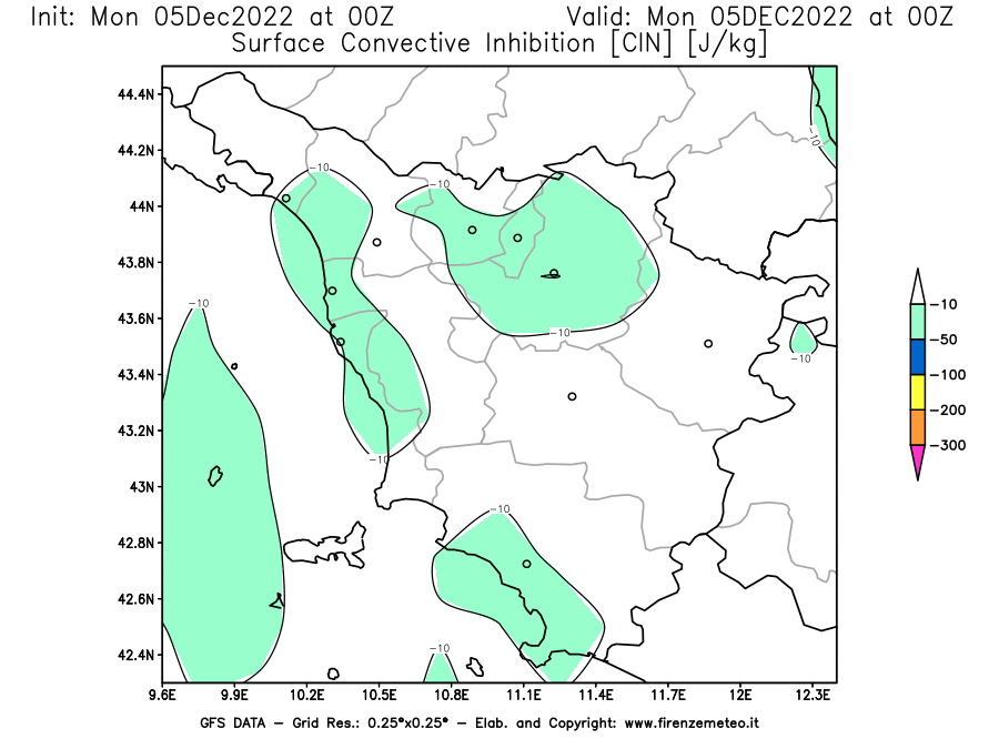 Mappa di analisi GFS - CIN [J/kg] in Toscana
							del 05/12/2022 00 <!--googleoff: index-->UTC<!--googleon: index-->