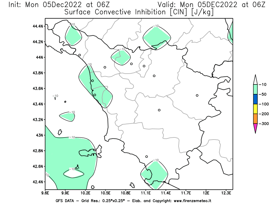Mappa di analisi GFS - CIN [J/kg] in Toscana
							del 05/12/2022 06 <!--googleoff: index-->UTC<!--googleon: index-->