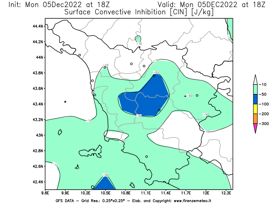Mappa di analisi GFS - CIN [J/kg] in Toscana
							del 05/12/2022 18 <!--googleoff: index-->UTC<!--googleon: index-->