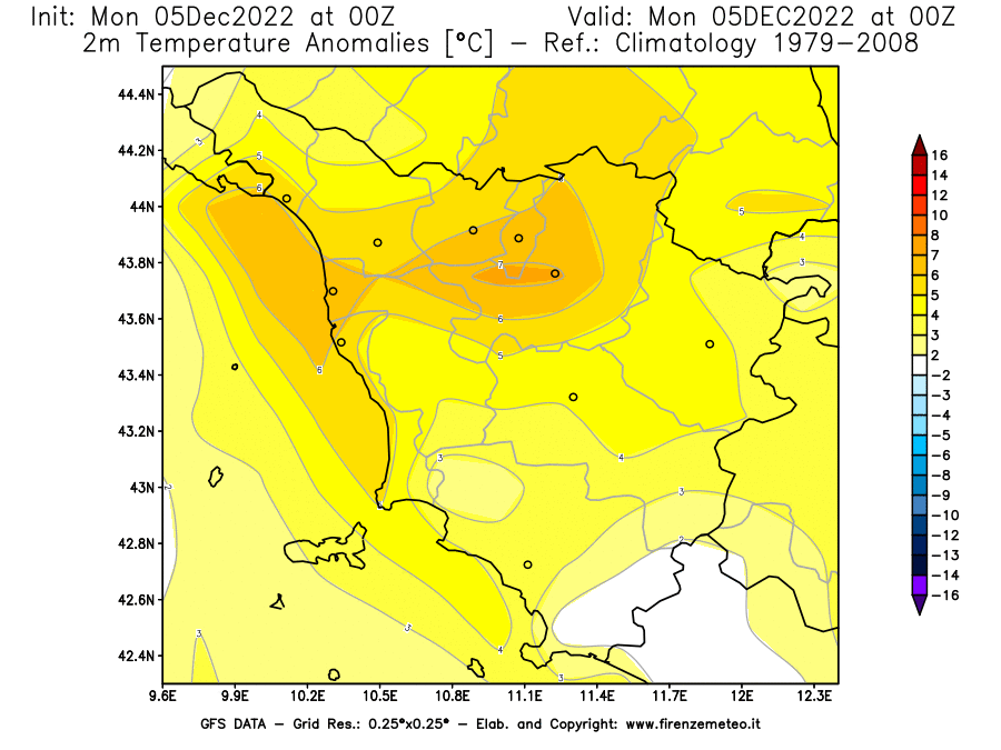 Mappa di analisi GFS - Anomalia Temperatura [°C] a 2 m in Toscana
							del 05/12/2022 00 <!--googleoff: index-->UTC<!--googleon: index-->