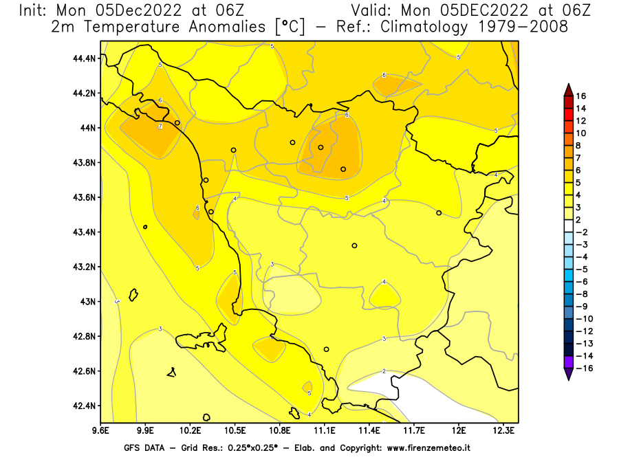 Mappa di analisi GFS - Anomalia Temperatura [°C] a 2 m in Toscana
							del 05/12/2022 06 <!--googleoff: index-->UTC<!--googleon: index-->