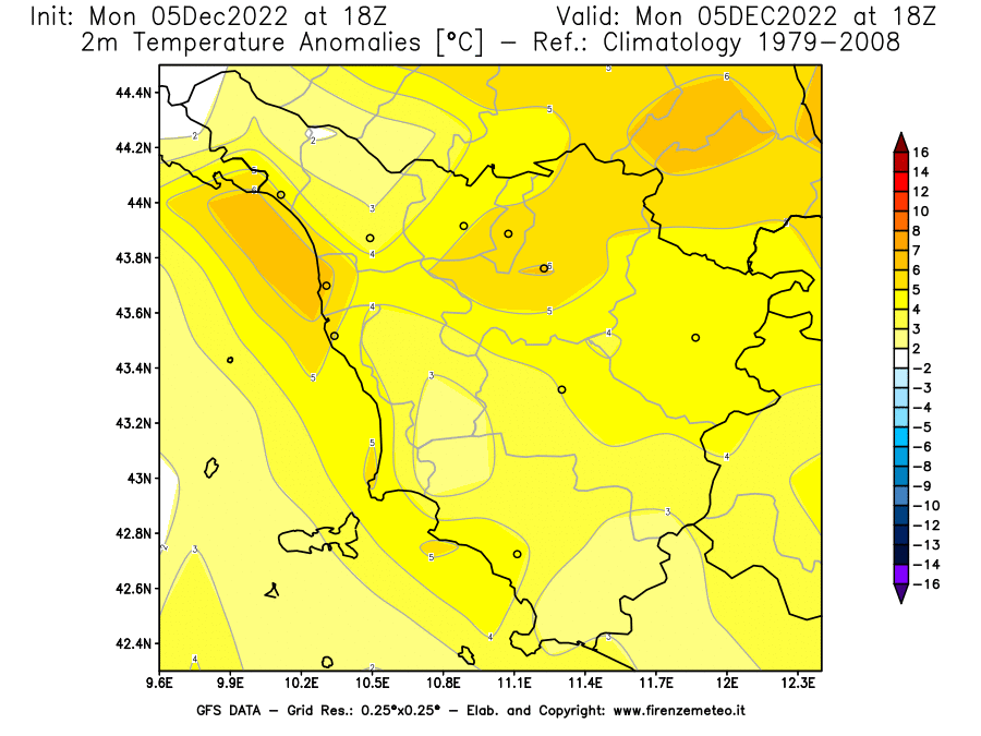 Mappa di analisi GFS - Anomalia Temperatura [°C] a 2 m in Toscana
							del 05/12/2022 18 <!--googleoff: index-->UTC<!--googleon: index-->