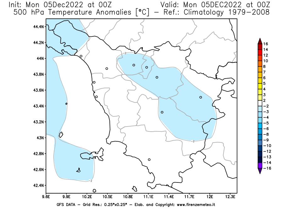 Mappa di analisi GFS - Anomalia Temperatura [°C] a 500 hPa in Toscana
							del 05/12/2022 00 <!--googleoff: index-->UTC<!--googleon: index-->