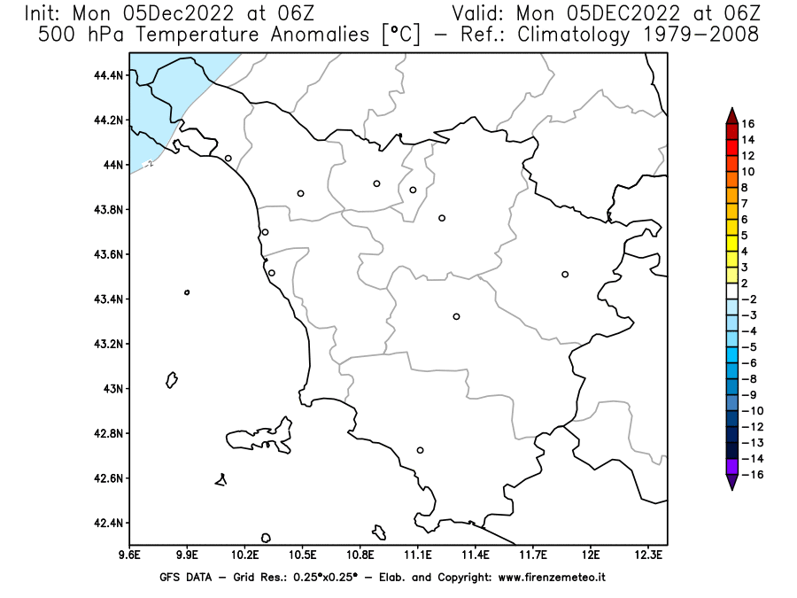Mappa di analisi GFS - Anomalia Temperatura [°C] a 500 hPa in Toscana
							del 05/12/2022 06 <!--googleoff: index-->UTC<!--googleon: index-->
