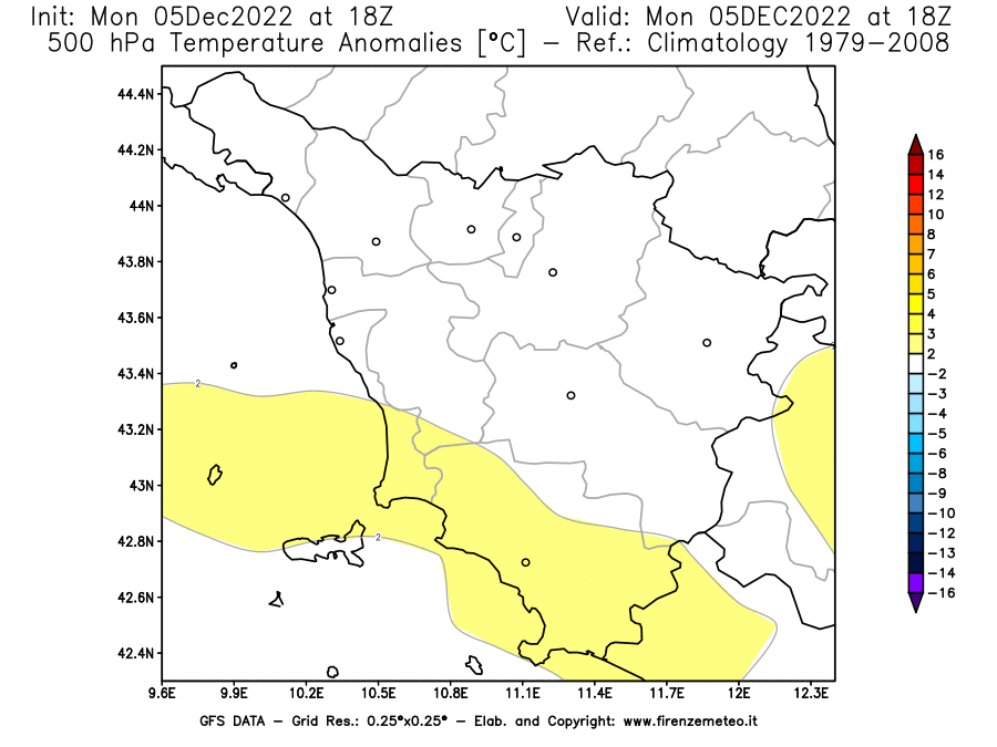 Mappa di analisi GFS - Anomalia Temperatura [°C] a 500 hPa in Toscana
							del 05/12/2022 18 <!--googleoff: index-->UTC<!--googleon: index-->