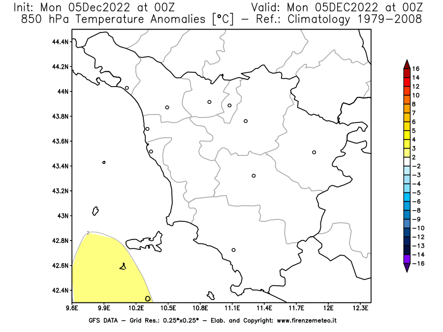 Mappa di analisi GFS - Anomalia Temperatura [°C] a 850 hPa in Toscana
							del 05/12/2022 00 <!--googleoff: index-->UTC<!--googleon: index-->