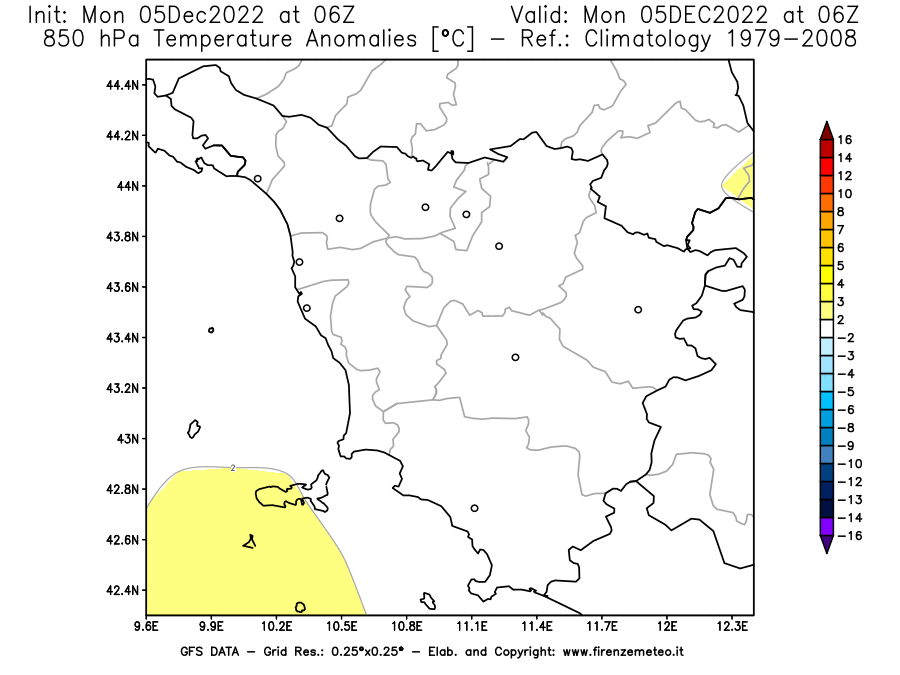 Mappa di analisi GFS - Anomalia Temperatura [°C] a 850 hPa in Toscana
							del 05/12/2022 06 <!--googleoff: index-->UTC<!--googleon: index-->