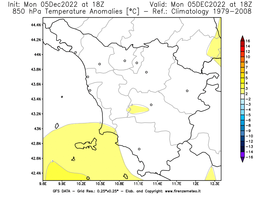 Mappa di analisi GFS - Anomalia Temperatura [°C] a 850 hPa in Toscana
							del 05/12/2022 18 <!--googleoff: index-->UTC<!--googleon: index-->