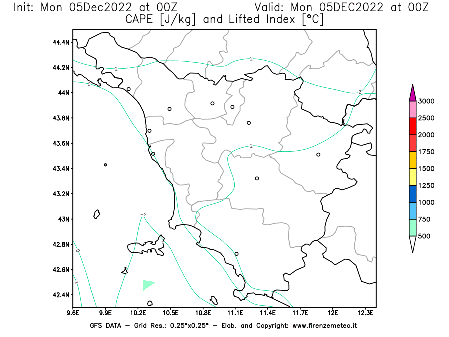 Mappa di analisi GFS - CAPE [J/kg] e Lifted Index [°C] in Toscana
							del 05/12/2022 00 <!--googleoff: index-->UTC<!--googleon: index-->