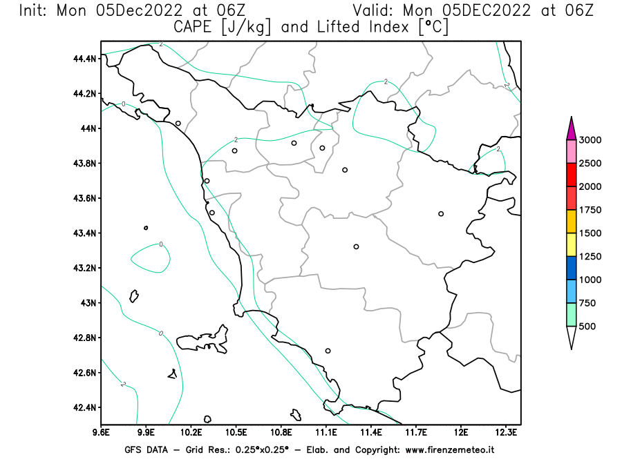Mappa di analisi GFS - CAPE [J/kg] e Lifted Index [°C] in Toscana
							del 05/12/2022 06 <!--googleoff: index-->UTC<!--googleon: index-->