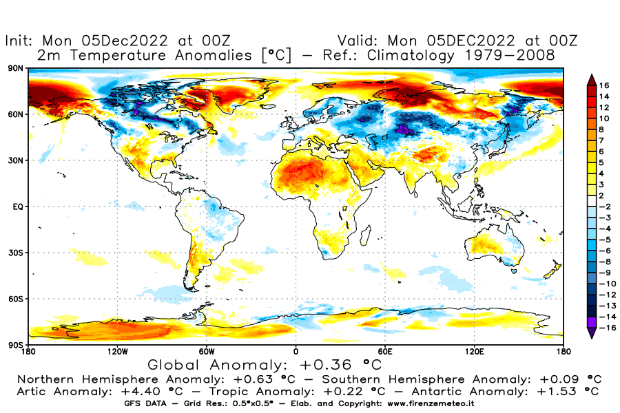 Mappa di analisi GFS - Anomalia Temperatura [°C] a 2 m in World
							del 05/12/2022 00 <!--googleoff: index-->UTC<!--googleon: index-->