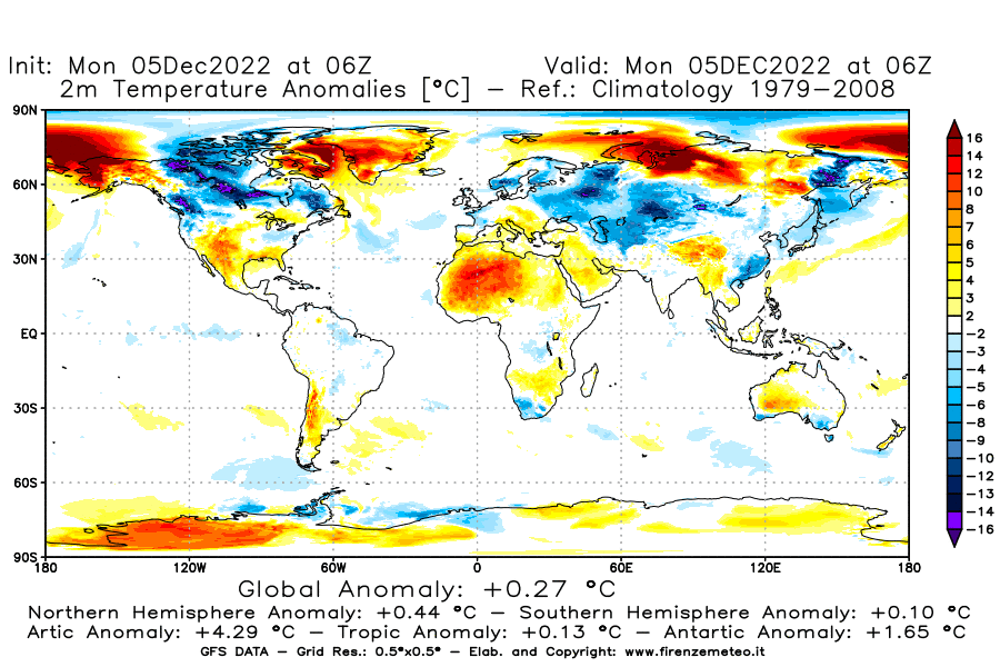 Mappa di analisi GFS - Anomalia Temperatura [°C] a 2 m in World
							del 05/12/2022 06 <!--googleoff: index-->UTC<!--googleon: index-->