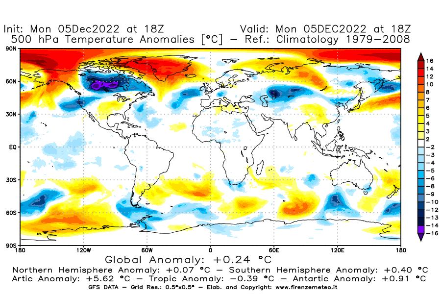 Mappa di analisi GFS - Anomalia Temperatura [°C] a 500 hPa in World
							del 05/12/2022 18 <!--googleoff: index-->UTC<!--googleon: index-->