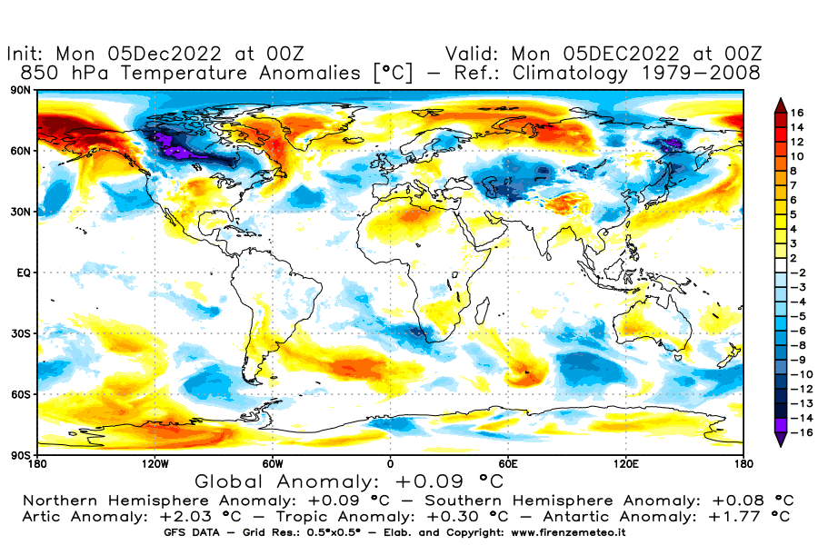 Mappa di analisi GFS - Anomalia Temperatura [°C] a 850 hPa in World
							del 05/12/2022 00 <!--googleoff: index-->UTC<!--googleon: index-->