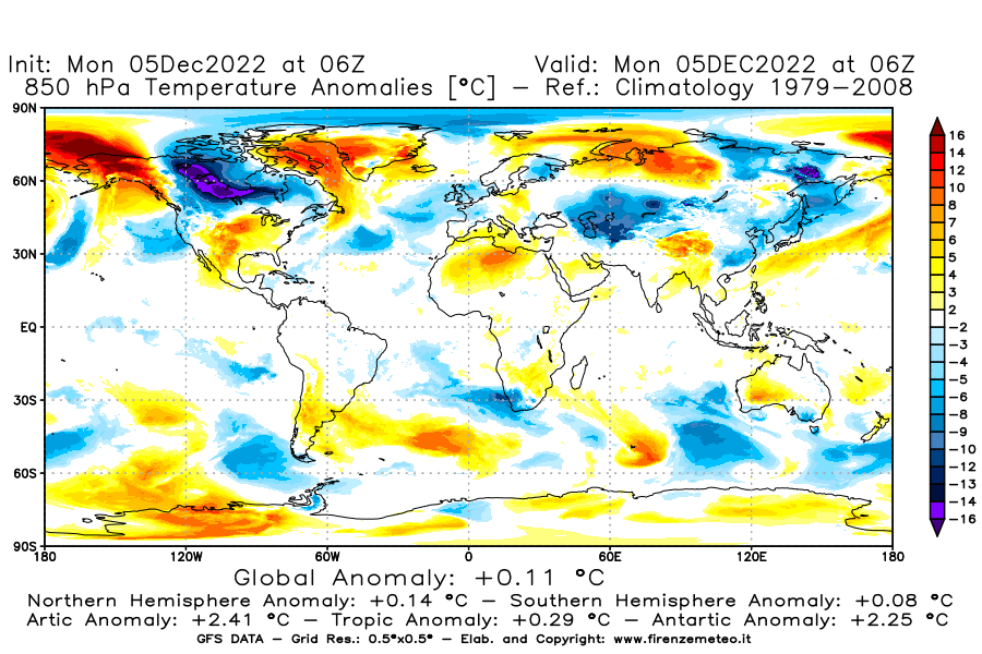 Mappa di analisi GFS - Anomalia Temperatura [°C] a 850 hPa in World
							del 05/12/2022 06 <!--googleoff: index-->UTC<!--googleon: index-->