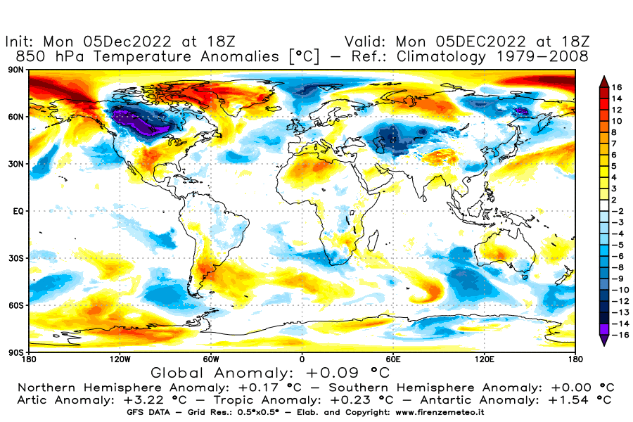 Mappa di analisi GFS - Anomalia Temperatura [°C] a 850 hPa in World
							del 05/12/2022 18 <!--googleoff: index-->UTC<!--googleon: index-->