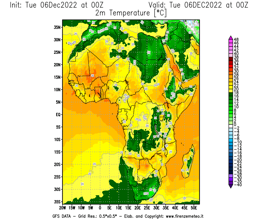 Mappa di analisi GFS - Temperatura a 2 metri dal suolo [°C] in Africa
							del 06/12/2022 00 <!--googleoff: index-->UTC<!--googleon: index-->