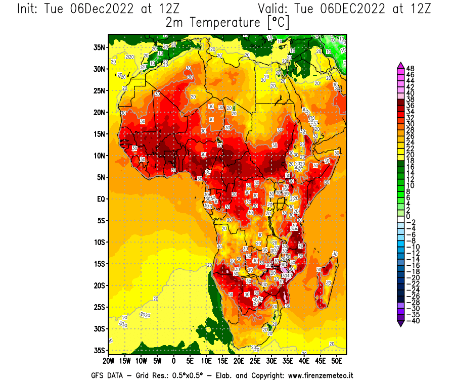 Mappa di analisi GFS - Temperatura a 2 metri dal suolo [°C] in Africa
							del 06/12/2022 12 <!--googleoff: index-->UTC<!--googleon: index-->
