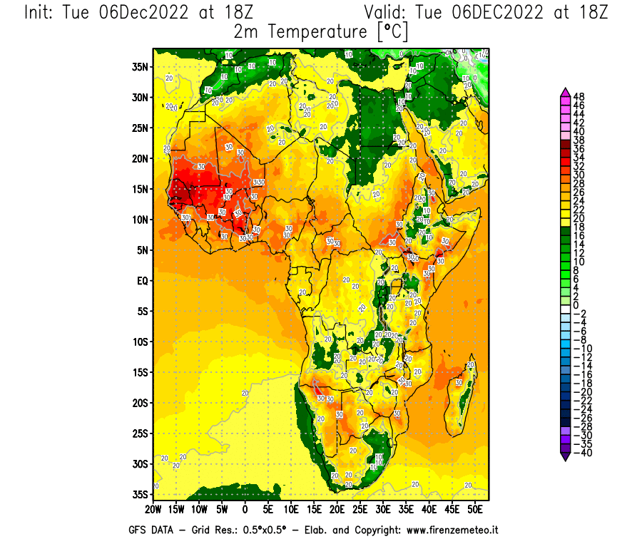 Mappa di analisi GFS - Temperatura a 2 metri dal suolo [°C] in Africa
							del 06/12/2022 18 <!--googleoff: index-->UTC<!--googleon: index-->