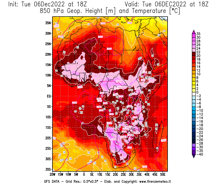 Mappa di analisi GFS - Geopotenziale [m] e Temperatura [°C] a 850 hPa in Africa
							del 06/12/2022 18 <!--googleoff: index-->UTC<!--googleon: index-->