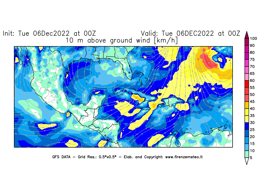 Mappa di analisi GFS - Velocità del vento a 10 metri dal suolo [km/h] in Centro-America
							del 06/12/2022 00 <!--googleoff: index-->UTC<!--googleon: index-->