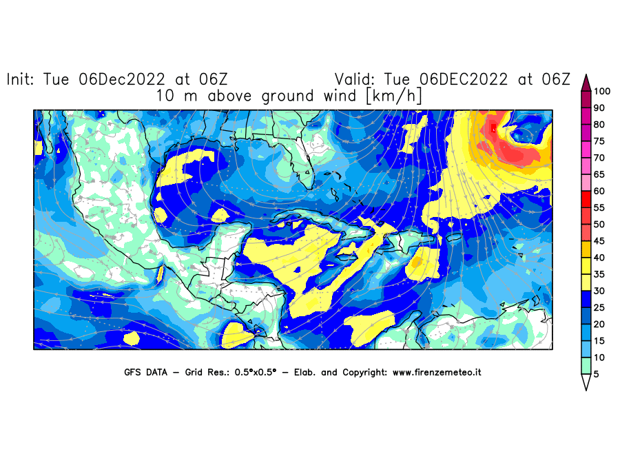 Mappa di analisi GFS - Velocità del vento a 10 metri dal suolo [km/h] in Centro-America
							del 06/12/2022 06 <!--googleoff: index-->UTC<!--googleon: index-->