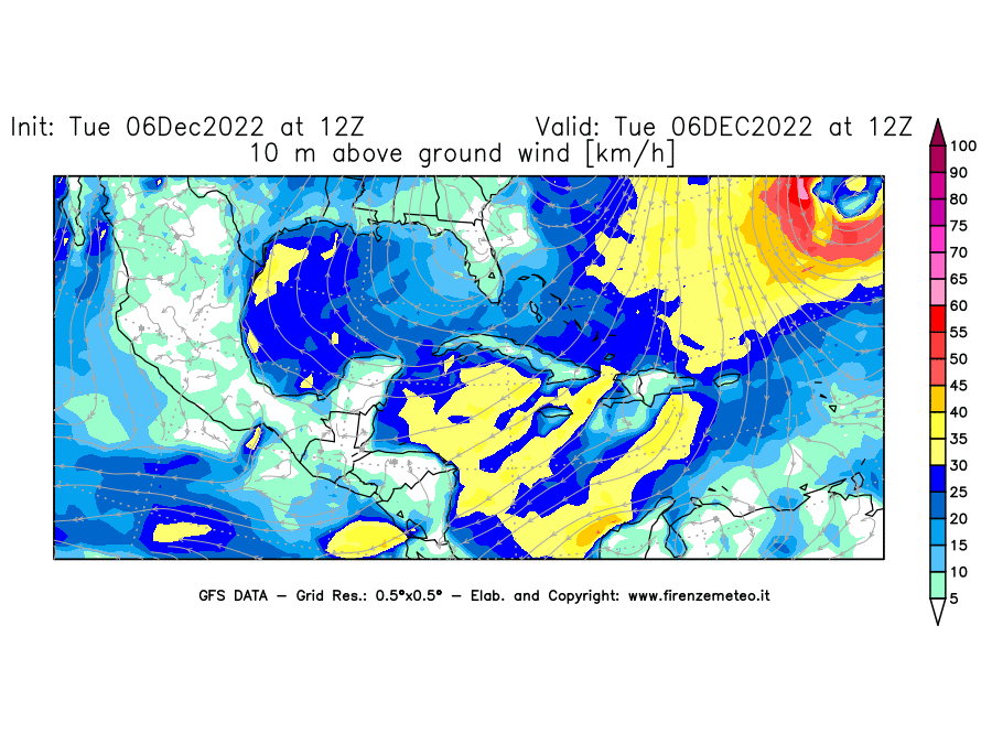 Mappa di analisi GFS - Velocità del vento a 10 metri dal suolo [km/h] in Centro-America
							del 06/12/2022 12 <!--googleoff: index-->UTC<!--googleon: index-->