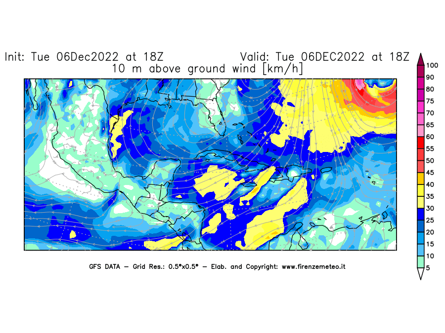 Mappa di analisi GFS - Velocità del vento a 10 metri dal suolo [km/h] in Centro-America
							del 06/12/2022 18 <!--googleoff: index-->UTC<!--googleon: index-->