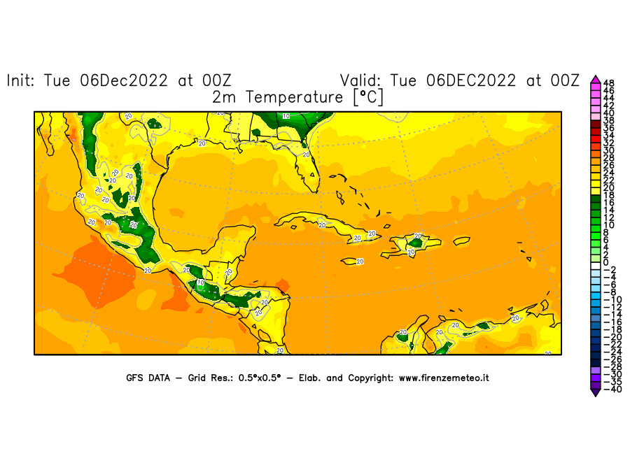 Mappa di analisi GFS - Temperatura a 2 metri dal suolo [°C] in Centro-America
							del 06/12/2022 00 <!--googleoff: index-->UTC<!--googleon: index-->