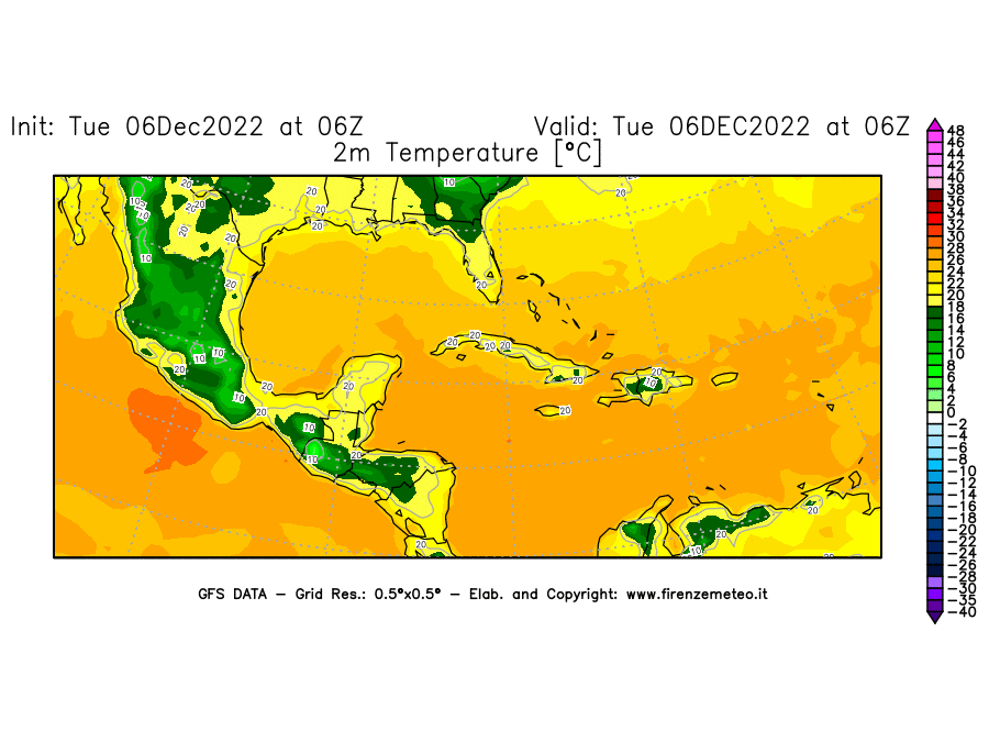 Mappa di analisi GFS - Temperatura a 2 metri dal suolo [°C] in Centro-America
							del 06/12/2022 06 <!--googleoff: index-->UTC<!--googleon: index-->