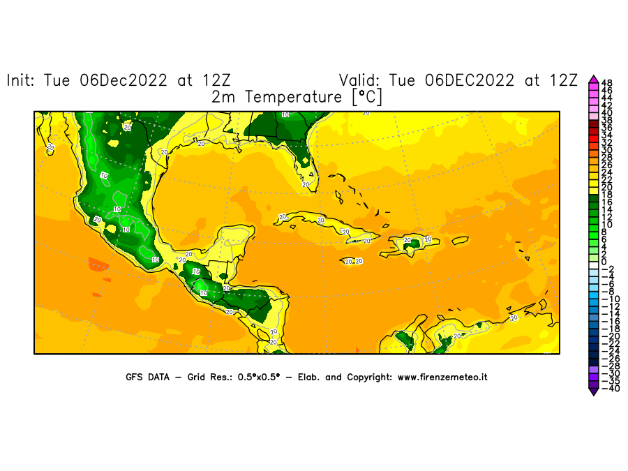 Mappa di analisi GFS - Temperatura a 2 metri dal suolo [°C] in Centro-America
							del 06/12/2022 12 <!--googleoff: index-->UTC<!--googleon: index-->