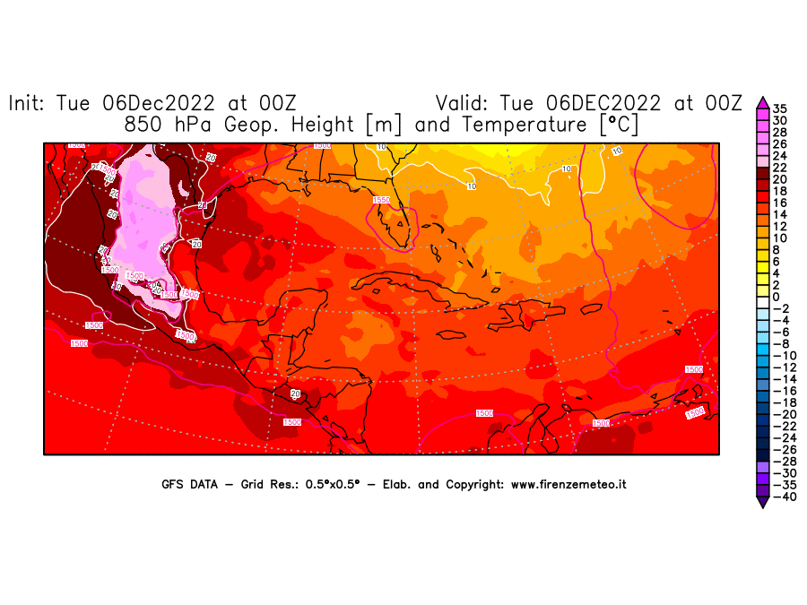 Mappa di analisi GFS - Geopotenziale [m] e Temperatura [°C] a 850 hPa in Centro-America
							del 06/12/2022 00 <!--googleoff: index-->UTC<!--googleon: index-->