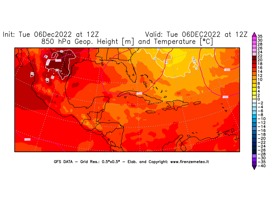 Mappa di analisi GFS - Geopotenziale [m] e Temperatura [°C] a 850 hPa in Centro-America
							del 06/12/2022 12 <!--googleoff: index-->UTC<!--googleon: index-->