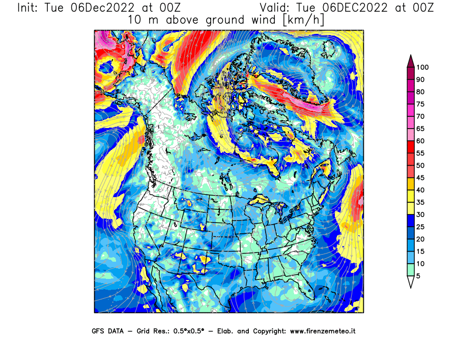 Mappa di analisi GFS - Velocità del vento a 10 metri dal suolo [km/h] in Nord-America
							del 06/12/2022 00 <!--googleoff: index-->UTC<!--googleon: index-->