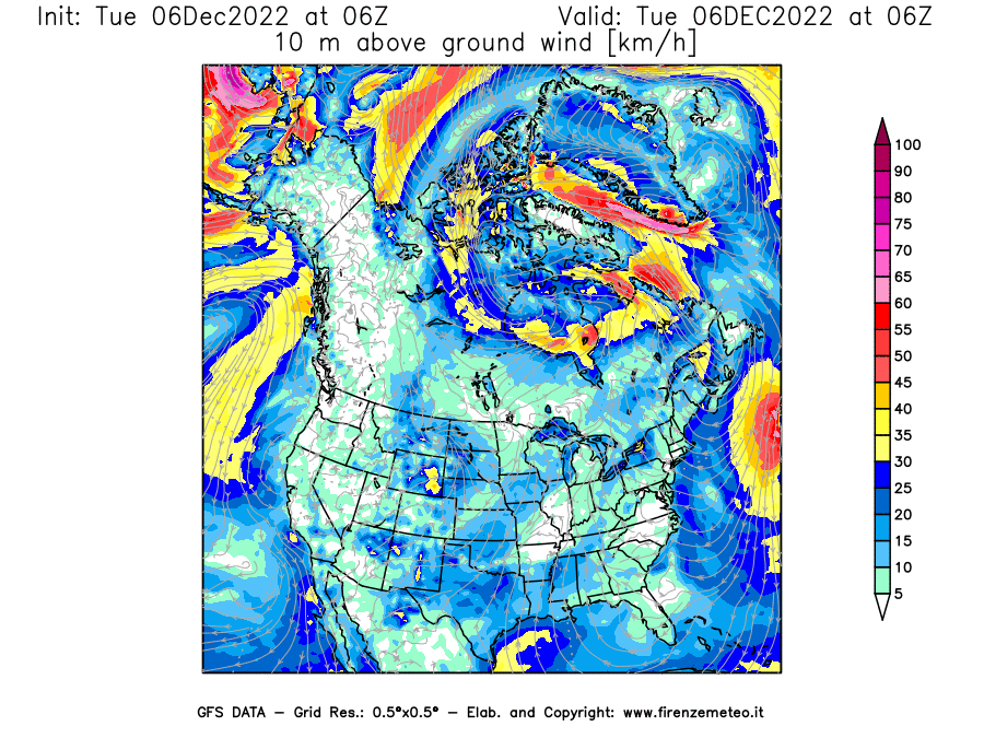 Mappa di analisi GFS - Velocità del vento a 10 metri dal suolo [km/h] in Nord-America
							del 06/12/2022 06 <!--googleoff: index-->UTC<!--googleon: index-->