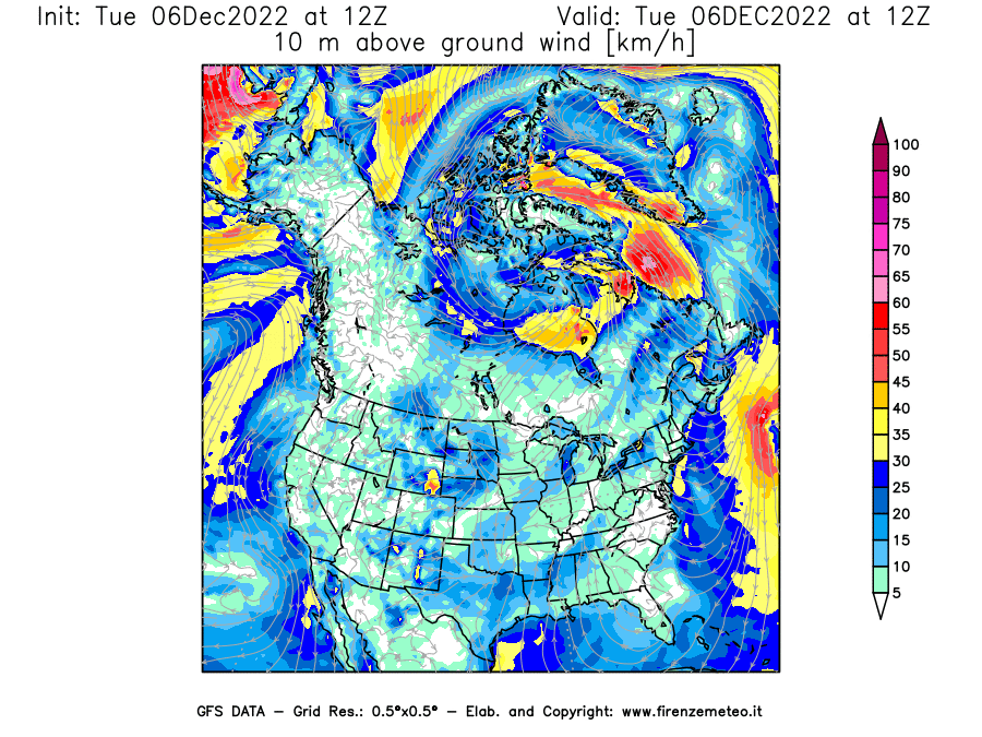 Mappa di analisi GFS - Velocità del vento a 10 metri dal suolo [km/h] in Nord-America
							del 06/12/2022 12 <!--googleoff: index-->UTC<!--googleon: index-->