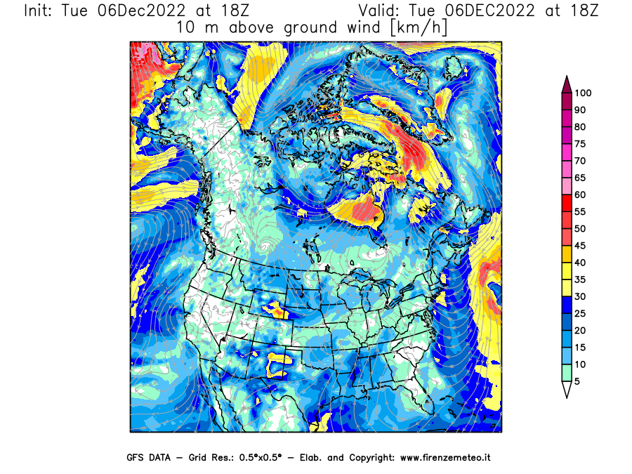 Mappa di analisi GFS - Velocità del vento a 10 metri dal suolo [km/h] in Nord-America
							del 06/12/2022 18 <!--googleoff: index-->UTC<!--googleon: index-->