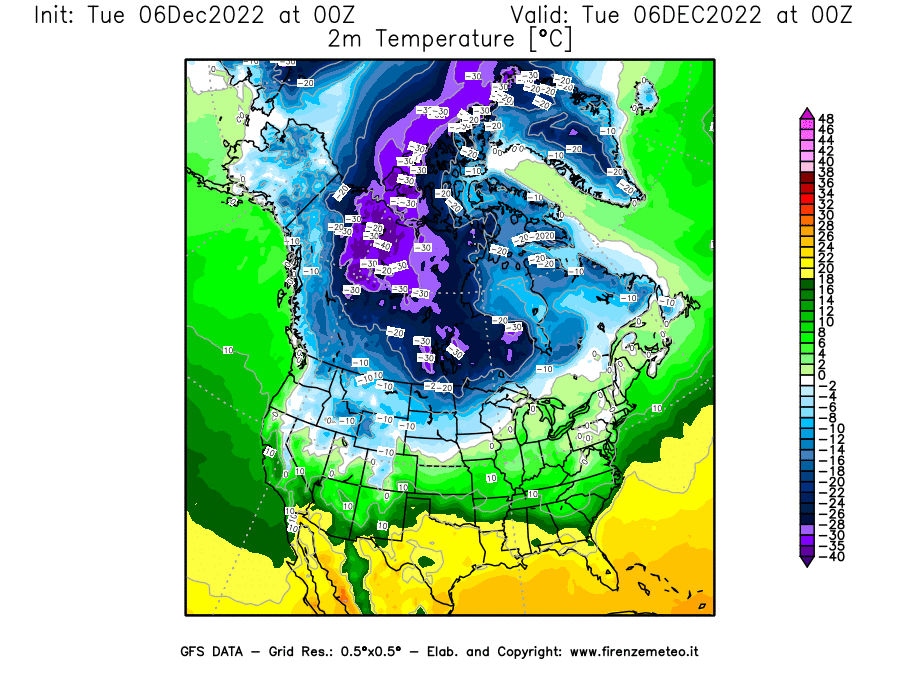 Mappa di analisi GFS - Temperatura a 2 metri dal suolo [°C] in Nord-America
							del 06/12/2022 00 <!--googleoff: index-->UTC<!--googleon: index-->